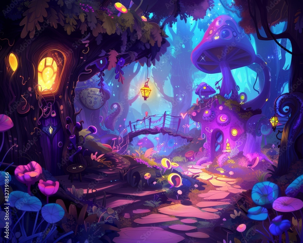 Fototapeta premium Illustrate a whimsical and vibrant avatar in a lush, fantastical game environment, blending digital artistry with a touch of hand-drawn charm