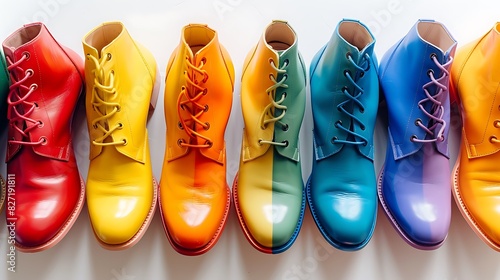 Vibrant rainbow-colored ankle boots arranged neatly on a pristine white background, adding a playful and cheerful touch to any outfit. photo