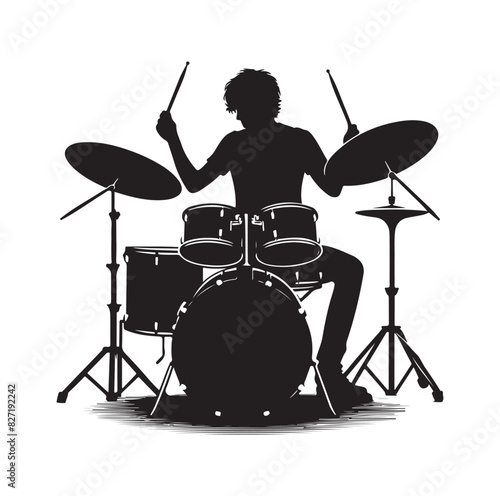 A drummer musician drumming drums in detailed silhouette