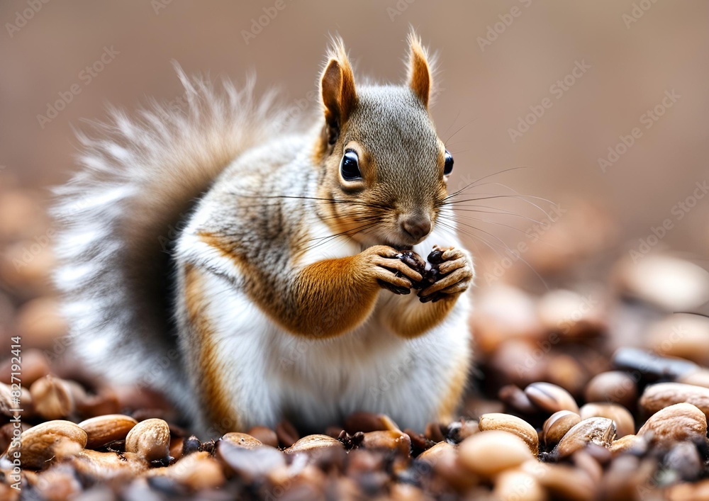 Young squirrel with seeds on a white background. Young squirrel with seeds on a white background.