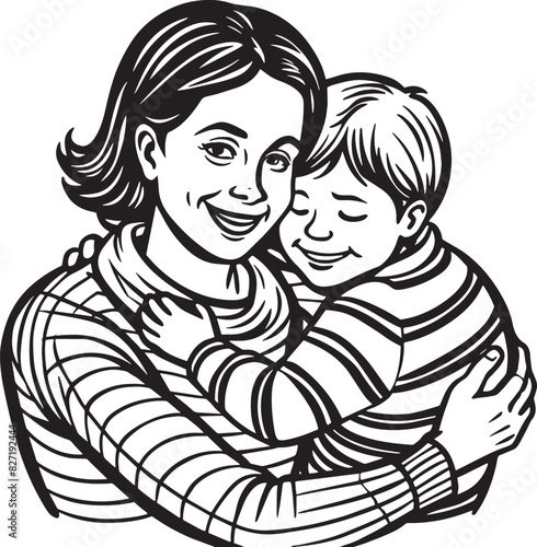mother and son silhouette black and white illustration 