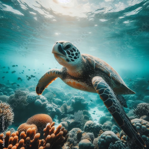 A majestic sea turtle glides through a vibrant coral reef  bathed in sunlight filtering through the ocean s surface.