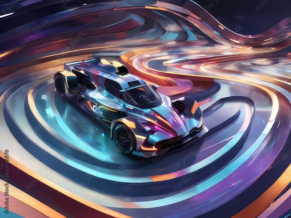 Visualize a holographic representation of a racing track, abstracted into geometric shapes and patterns that capture the twists, turns, and high-speed excitement of this sporting venue.