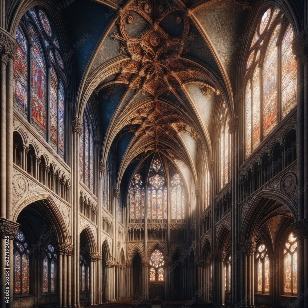 Sunlight streams through stained glass windows into a majestic cathedral with high arches and intricate stonework.