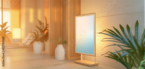 Calming spa retreat with a digital signage mockup in a serene relaxation area, promoting wellness and peace.