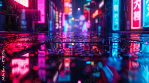 Immerse your audience in a cyberpunk world with a tilted-angle view of neon lights casting a surreal glow photo