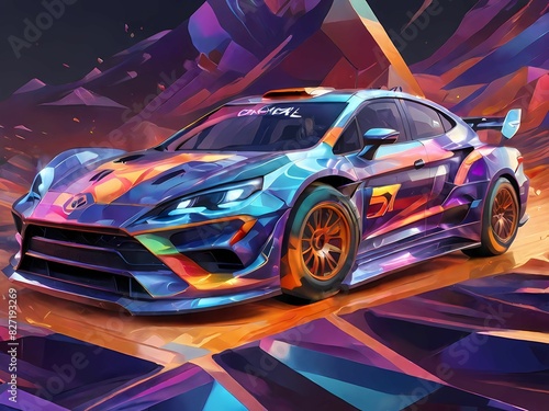 Visualize a holographic representation of a rally car, abstracted into dynamic geometric forms and patterns that capture the rugged design and high-speed capabilities of this racing vehicle.