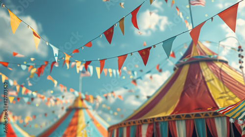 Vibrant circus tents with waving flags in close-up view