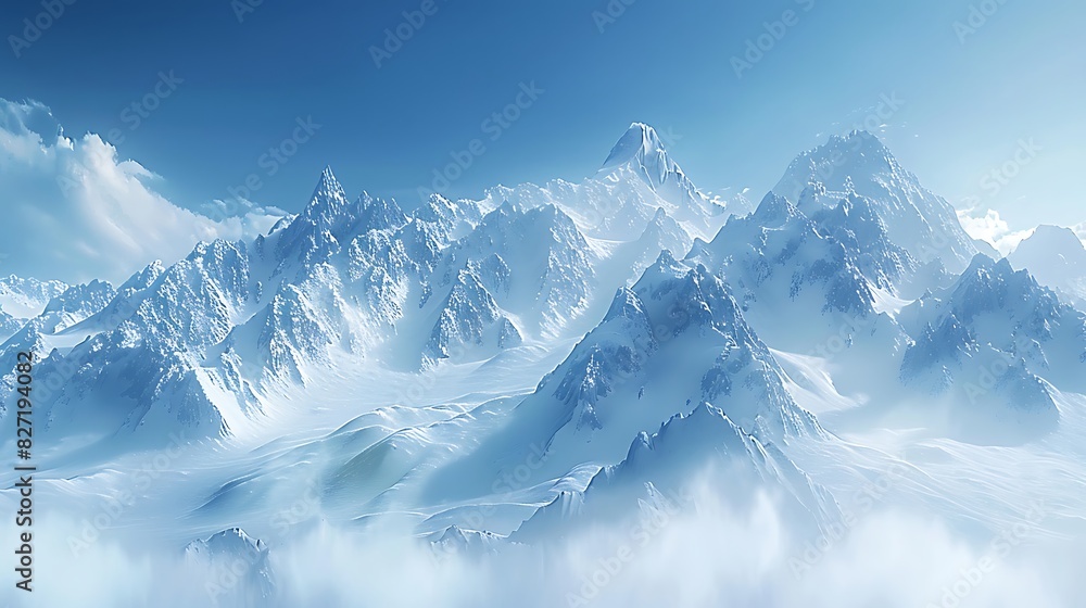 A mountain range with a glacier and a clear blue sky