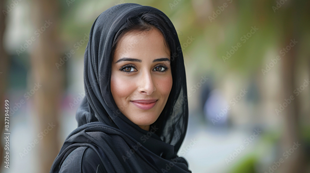 Attractive Saudi woman with a happy expression, wearing a veil and standing in her estate Attractive Saudi woman with a happy expression, wearing a veil and standing in her estate