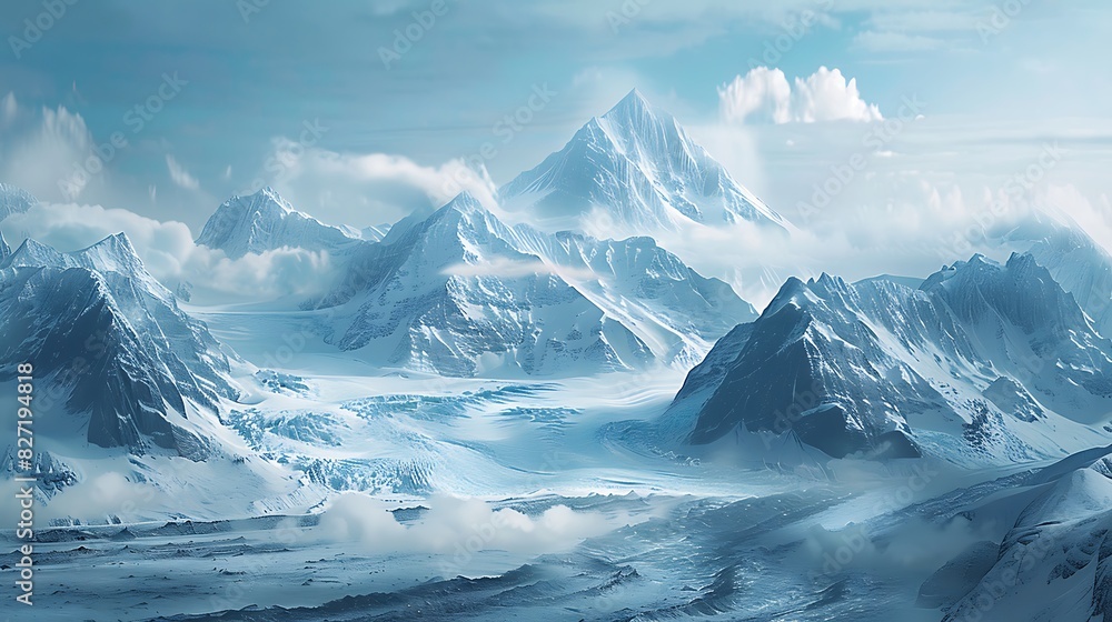 A mountain range with a glacier