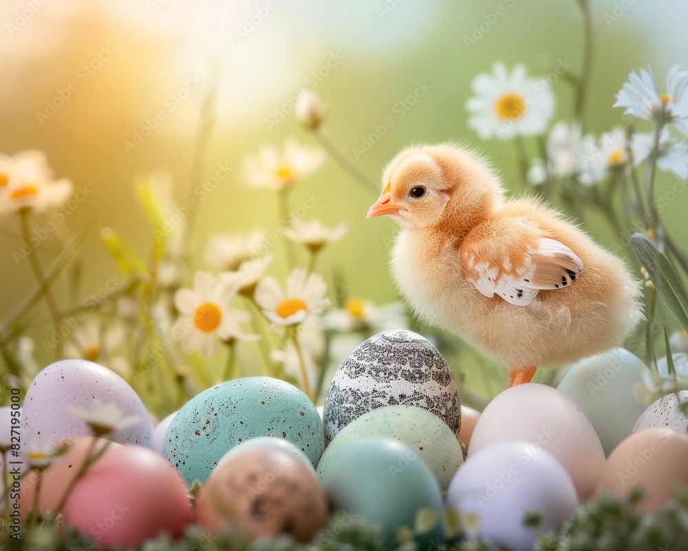 Little chicks hatching from colorful eggs in a spring garden, Fresh, Pastel colors
