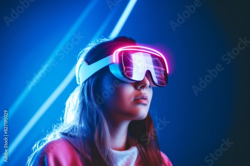 woman wearing augmented reality glasses standing in the holographic background