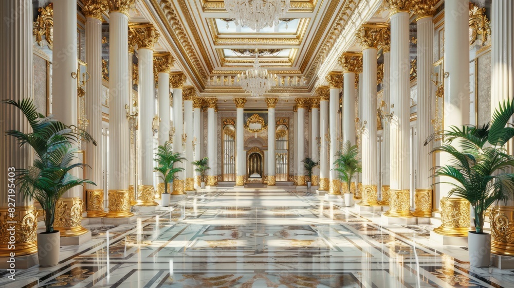 Fototapeta premium Luxurious mansion with grand columns and expansive gardens, gold accents and marble floors, opulent and majestic, a symbol of wealth and sophistication