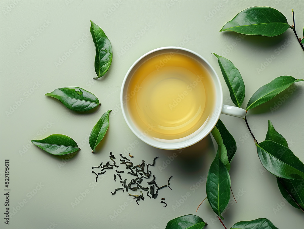 A cup of green tea surrounded by fresh green leaves and loose tea leaves on a light green background, representing health and relaxation. A cup of green tea surrounded by fresh green leaves and loose tea leaves on a light green background, representing health and relaxation.