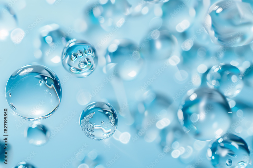 Floating water droplets on a blue background Floating water droplets on a blue background
