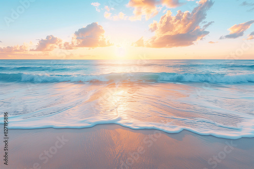 A serene beach with gentle waves and a stunning sunrise casting a warm glow over the water and sky  creating a peaceful and calming atmosphere.