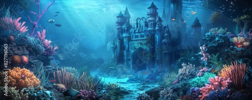 Majestic underwater castle, glowing marine flora, ethereal mermaids in flowing robes, vibrant coral reefs, oil painting style, twilight hues, soft light, dreamy ambiance © Pornarun