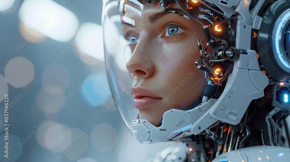 A beautiful young woman with a glowing blue eye and a futuristic helmet looks thoughtfully into the distance. A beautiful young woman with a glowing blue eye and a futuristic helmet looks thoughtfully into the distance.