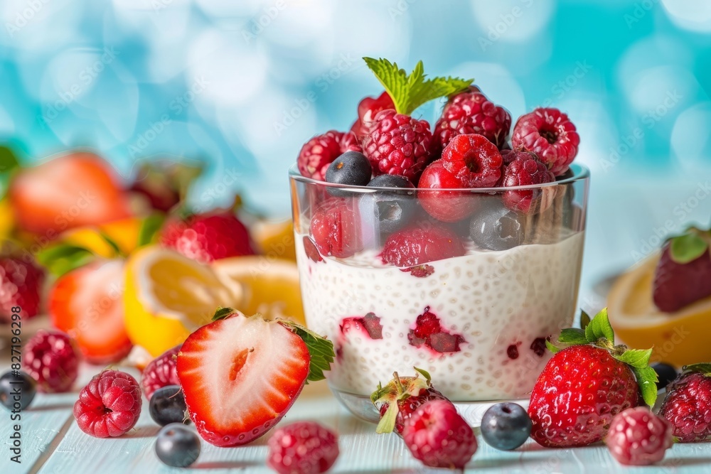 Chia Seed Pudding with Fresh Berries and Citrus Fruit on a Bright Blue Background Chia Seed Pudding with Fresh Berries and Citrus Fruit on a Bright Blue Background