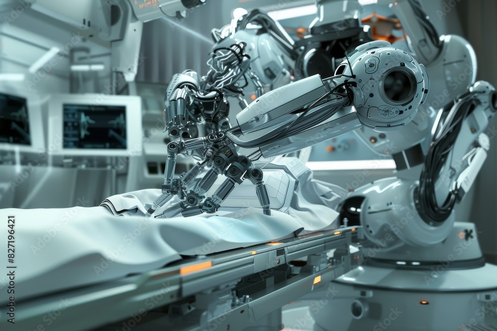 Medical robotic surgery with a clear sterile field, space for text, Health Tech, Digital art Medical robotic surgery with a clear sterile field, space for text, Health Tech, Digital art