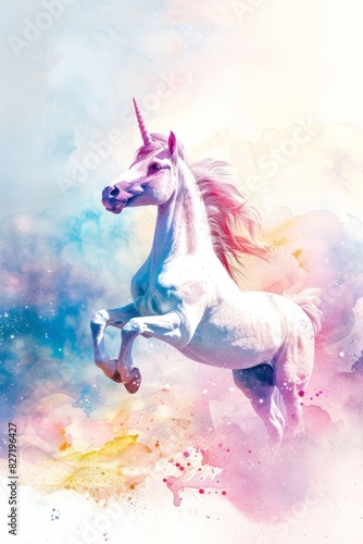 Majestic Unicorn in a Dreamy Pastel Watercolor Background with Soft Hues and Ethereal Effects