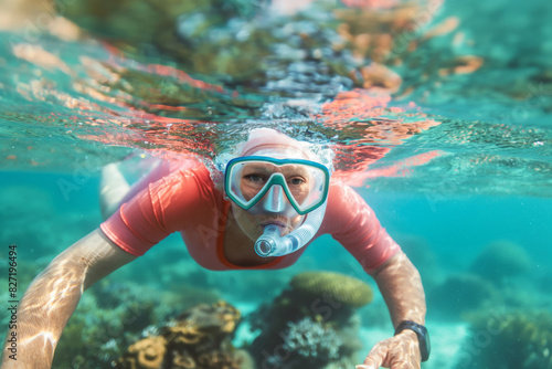 Adventurous senior woman snorkeling in crystalclear waters, engaging with marine life with a vibrant coral reef backdrop photo