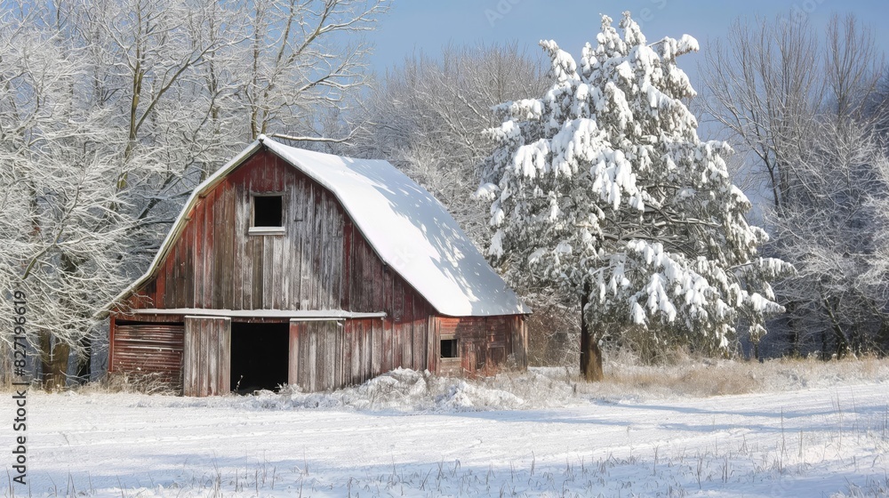 Picturesque scene of a rustic barn blanketed in fresh snow with frosty trees under a bright winter sky Picturesque scene of a rustic barn blanketed in fresh snow with frosty trees under a bright winter sky
