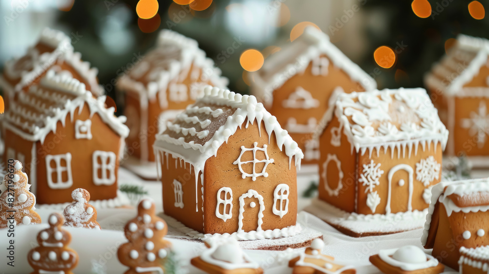 Gingerbread houses with icing decorations, close-up view Gingerbread houses with icing decorations, close-up view