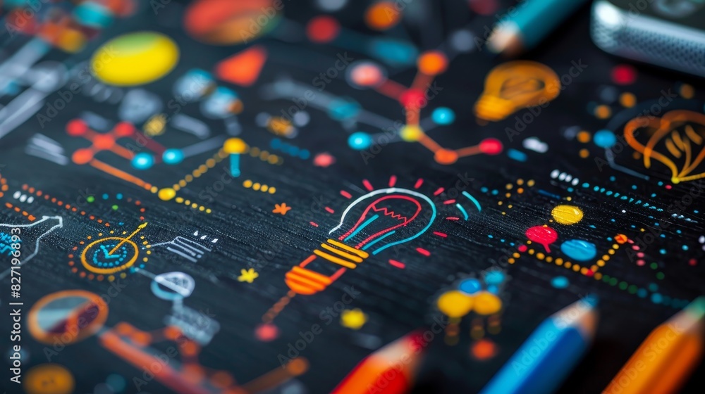 Idea light bulb with innovation concept, drawing on blackboard with colorful chalk. Idea light bulb with innovation concept, drawing on blackboard with colorful chalk.