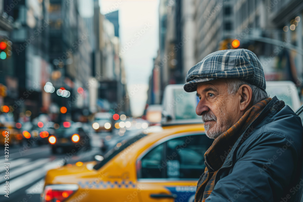 Contemplative taxi driver waits patiently by his vehicle on a bustling city street, amidst the dynamic backdrop of urban life