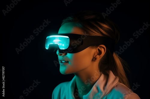 Young woman scientist is wearing futuristic VR glasses and looking down at night