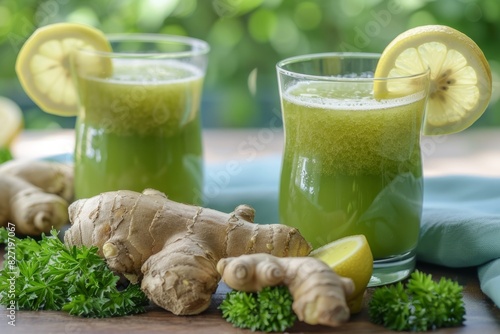 Refreshing Ginger Lemon Juice with Fresh Herbs and Lemons: Healthy Detox Drink Highlighted by Vibrant Green hues photo