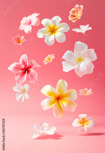 Various exotic flowers with floating petals on a pink background. Featuring plumeria, pink frangipani and hibiscus.