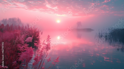 A serene riverbank at dawn  the water reflecting the soft pastel colors of pink and red