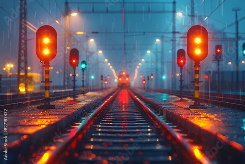 Rainy evening on railway tracks with signals