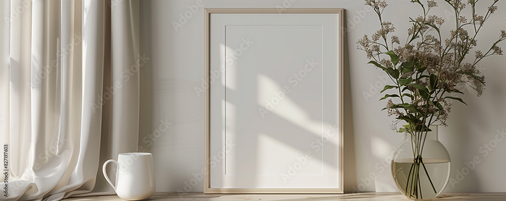 Fototapeta premium Minimalist interior with blank picture frame, white ceramic mug, and decorative vase with flowers, against a bright window background.