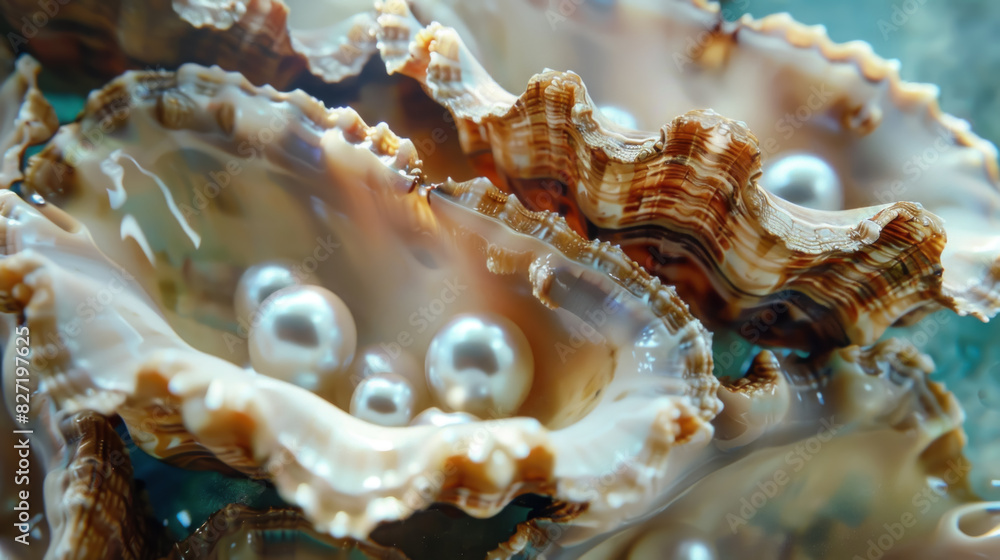 Giant clams with shimmering pearls inside, close-up view Giant clams with shimmering pearls inside, close-up view