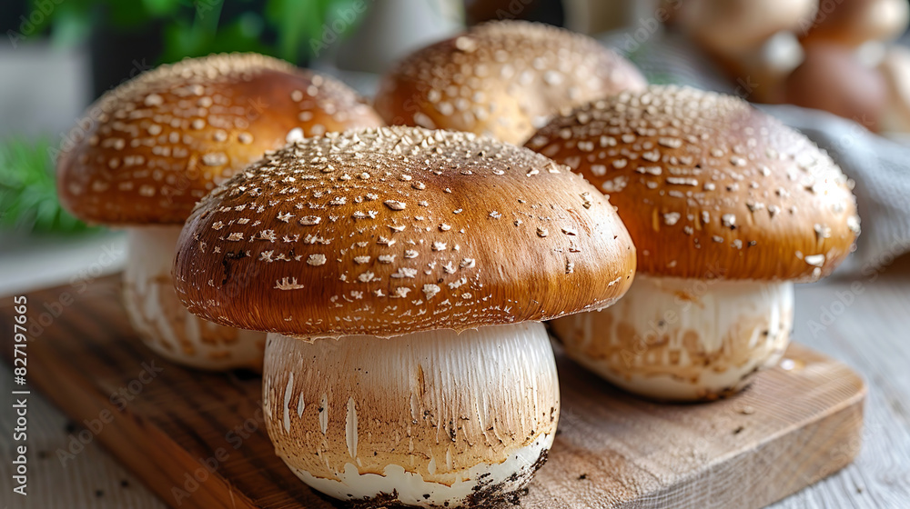Obraz premium fir mushrooms ready for slicing and cooking on a wooden background