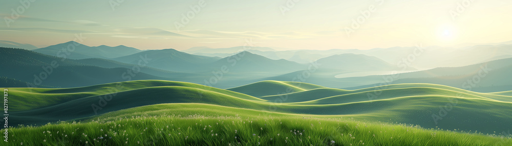 Serene green rolling hills under soft morning light, lush grass landscapes with distant mountains and a tranquil atmosphere. Serene green rolling hills under soft morning light, lush grass landscapes with distant mountains and a tranquil atmosphere.