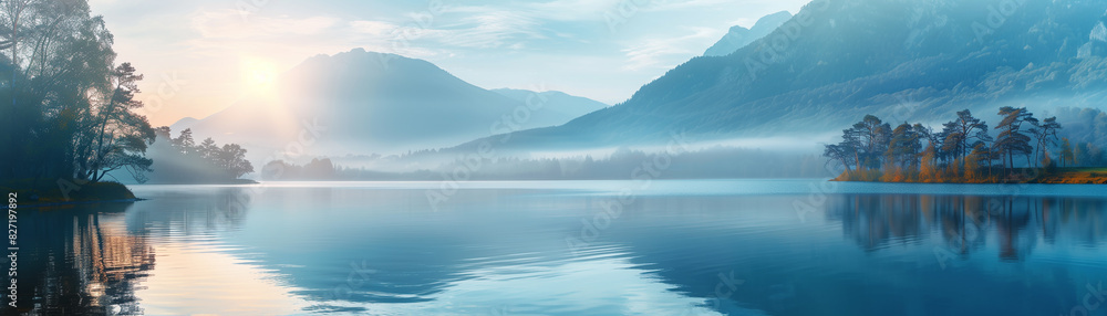 Fototapeta premium Serene mountain lake at sunrise with foggy hills, calm water reflecting the sky, and trees lining the shore. Peaceful natural landscape.