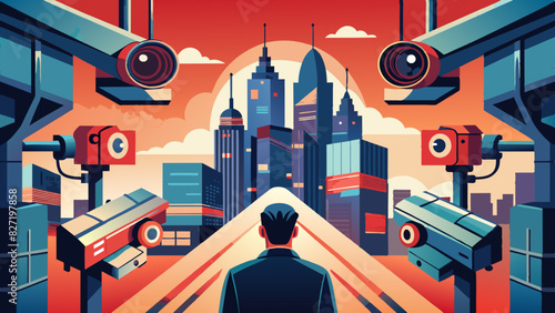 Dystopian Surveillance Cityscape with Watchful Eyes