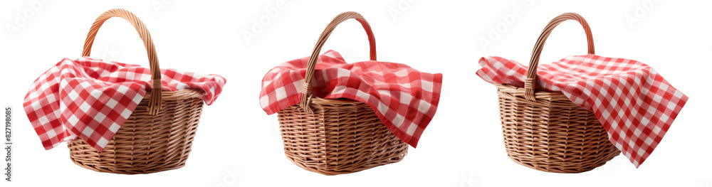 Wicker picnic basket with red checked napkin, isolated on the white background. Wicker picnic basket with red checked napkin, isolated on the white background.