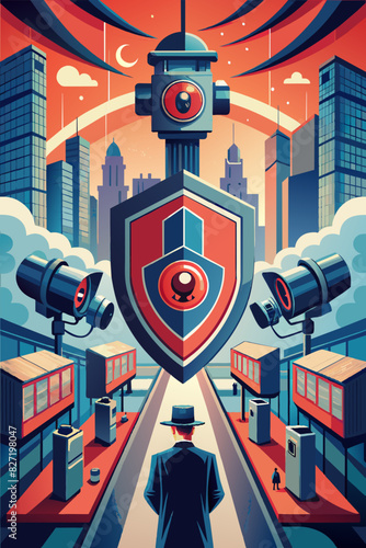 Futuristic City Surveillance with Man in Hat Under Watchful Eyes