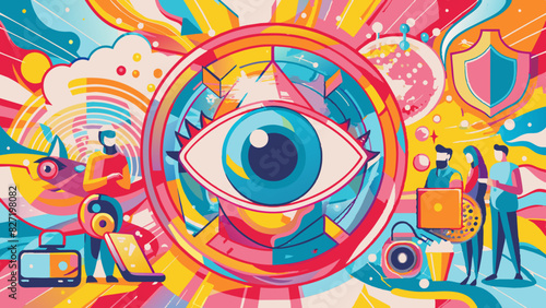 Vibrant Pop Art Illustration of Eye Symbol with Technological Elements