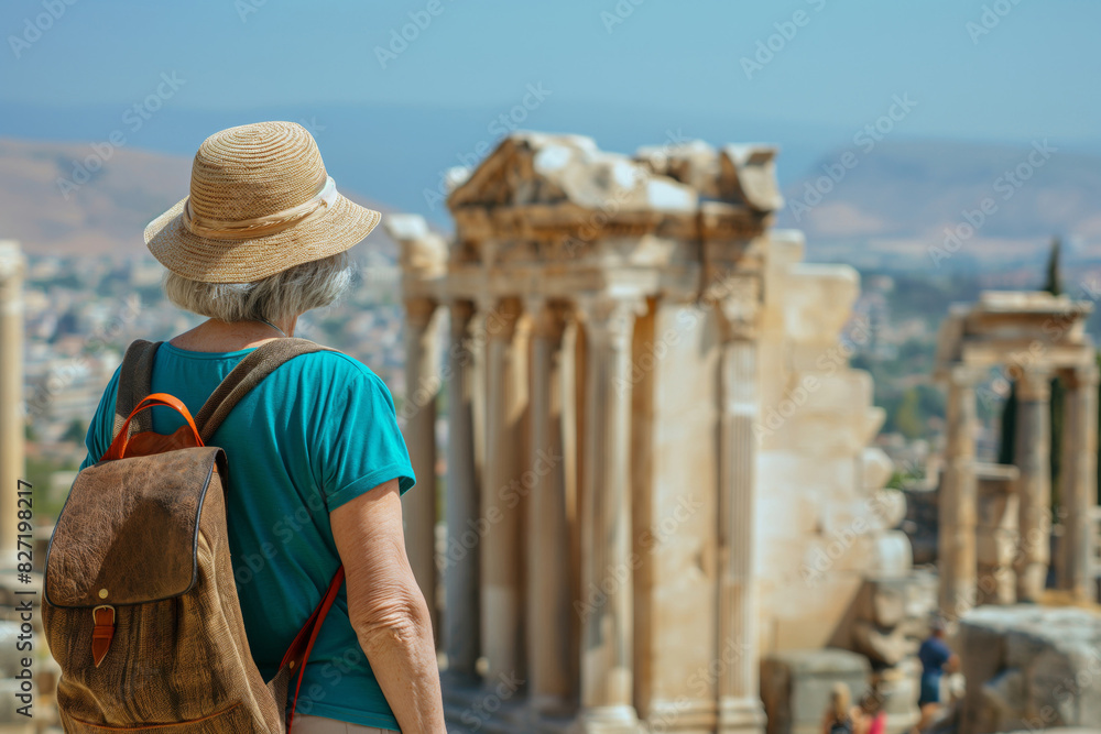 Senior woman with a straw hat gazes at historic ruins on a bright sunny day, embodying adventure and cultural curiosity Senior woman with a straw hat gazes at historic ruins on a bright sunny day, embodying adventure and cultural curiosity