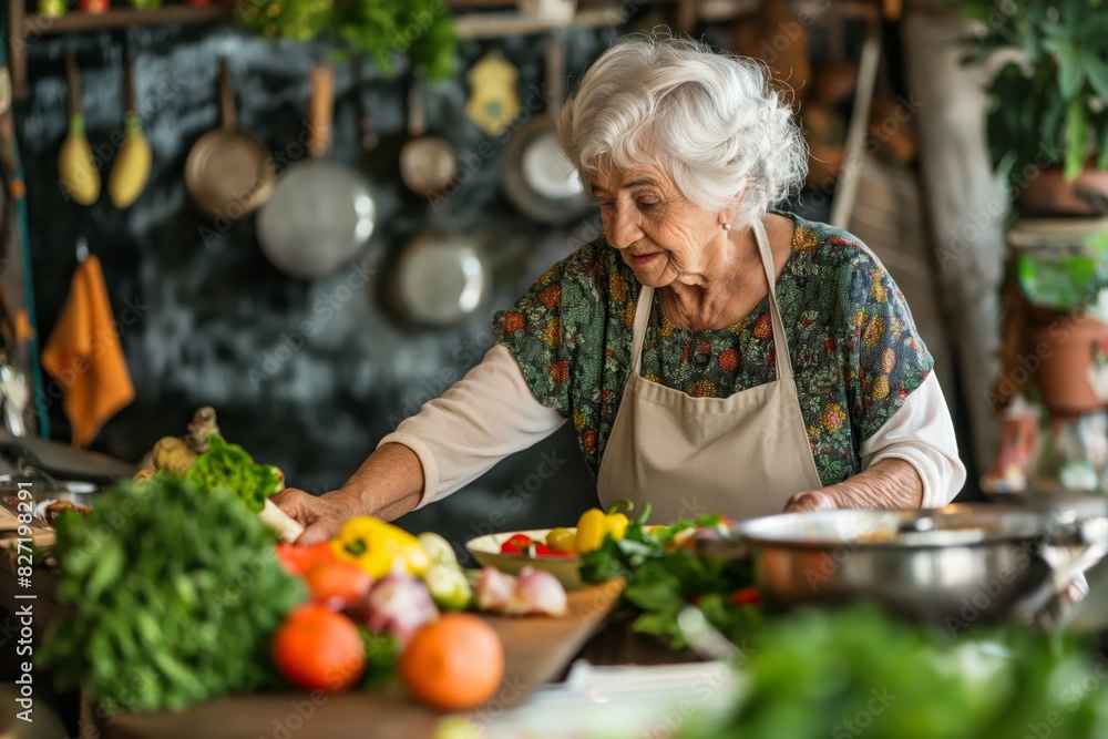 Graceful elderly woman in an apron slices vegetables with expertise in a cozy, plantfilled kitchen setting, exuding culinary passion Graceful elderly woman in an apron slices vegetables with expertise in a cozy, plantfilled kitchen setting, exuding culinary passion