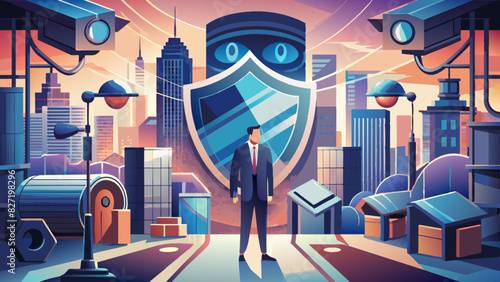 Cybersecurity Defender in Futuristic Cityscape Illustration