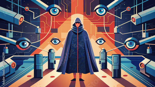 Mysterious Figure Amidst Futuristic Surveillance System