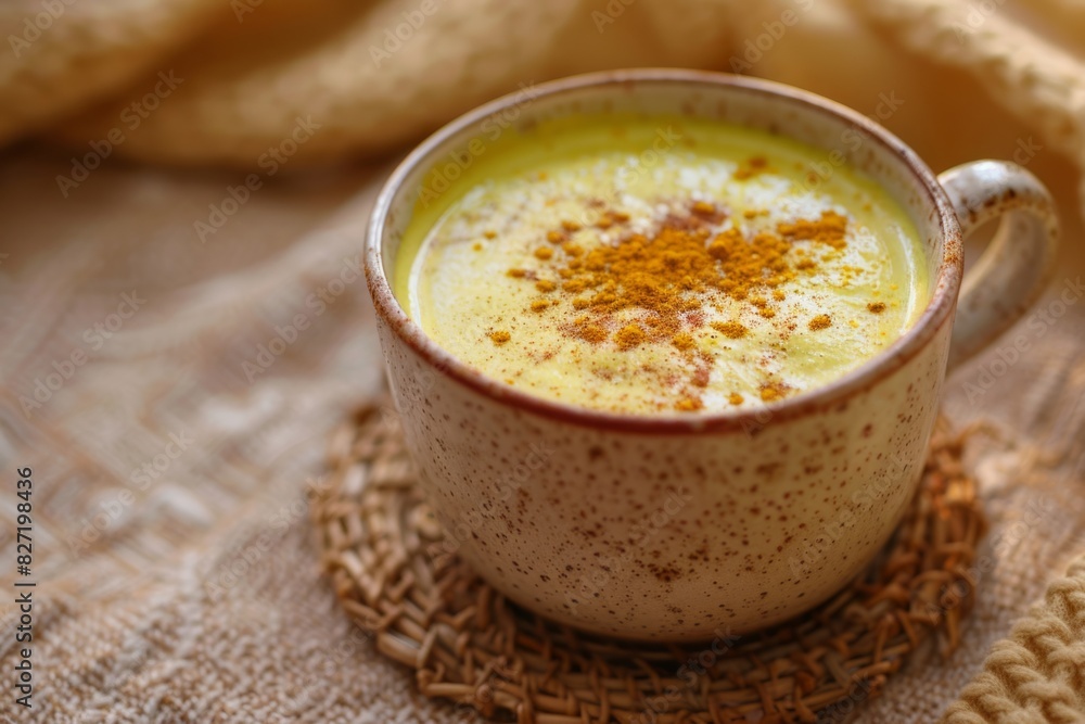 Warm Rustic Turmeric Latte in Ceramic Mug on Woven Coaster - Cozy Healthy Beverage Warm Rustic Turmeric Latte in Ceramic Mug on Woven Coaster - Cozy Healthy Beverage